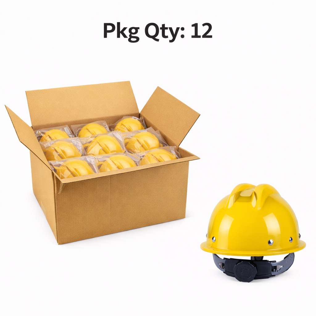 Industrial Safety Helmet, ABS Shell, V Type Ventilated Design, Ratchet Adjustable, 2200 V Electrical Insulation, Yellow, Pkg Qty 12