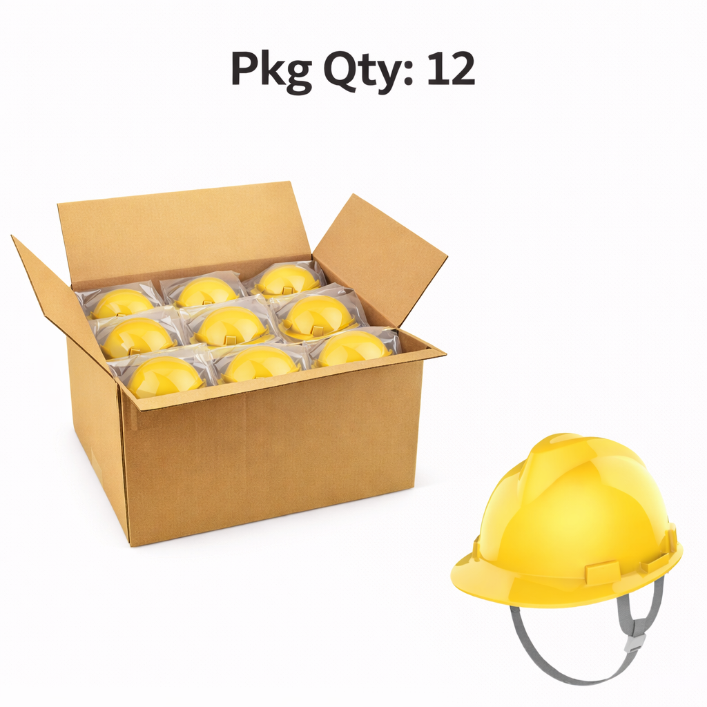 PE Safety Helmet, 4 Point Ratchet Suspension, Yellow, Pkg Qty 12