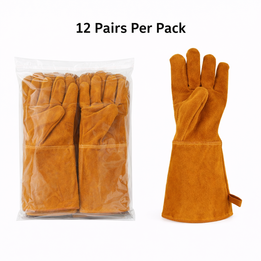 Welding Protective Gloves, Split Cowhide Leather, 13.78in Extended Cuff, Pkg Qty 12