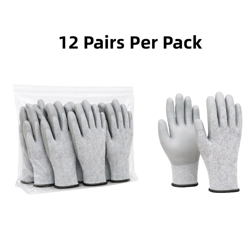 Knit Cut Resistant Work Gloves, PU Coated, HPPE, A5 Cut Level, 13ga, Gray, Pkg Qty 12
