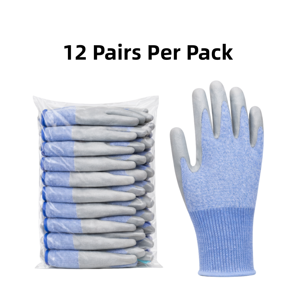 Knit Cut Resistant Work Gloves, PU Coated, HPPE, A6 Cut Level, 18ga, Blue, Pkg Qty 12