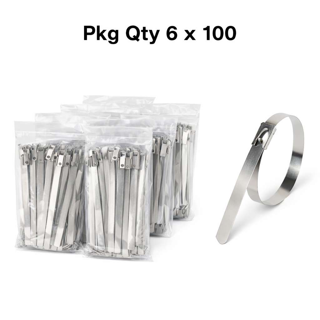 Stainless Steel Cable Tie with Locking Tab, 15.75 in Length, 0.31 in Width, for Electrical and Industrial Applications, Pkg Qty 6 Packs of 100